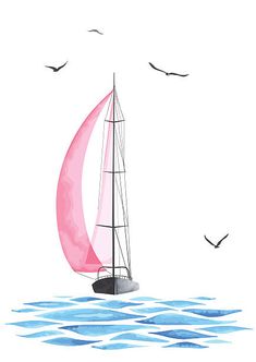 a pink sailboat in the ocean with seagulls flying around