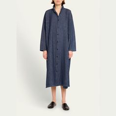 Eskandar wide a-line denim shirtdress Double stand collar Button closure  Long sleeves; approx. 18.3"L Side slits  Full length A-line silhouette Cotton Unlined Dry clean, machine wash tumble dry, wash separately Made in Poland Denim Shirt Dress With Buttons For Daywear, Relaxed Fit Denim Dress With Buttons For Daywear, Fall Denim Dress With Buttons For Daywear, Denim Blue Denim Dress With Buttons For Daywear, Denim Blue Dress With Buttons For Daywear, Wardrobe Sale, Travel Size Perfume, Evening Flats, Cocktail Jacket