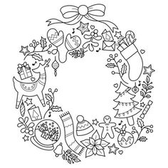 a christmas wreath with presents, stockings and other holiday items in black on a white background