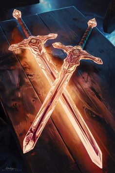 two swords on a wooden table in the dark