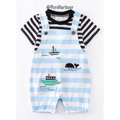 Blue Striped Embroidered 2-Piece Overall Set For Boys 95% Cotton 5% Spandex Navy Cotton Sets For Spring, Cute Blue Cotton Set, Playful Light Blue Cotton Sets, Cotton Navy Sets For Playtime, Navy Cotton Playtime Sets, Blue Short Sleeve Sets For Playwear, Cute Blue Playwear Sets, Playful Blue Sets For Playwear, Blue Cotton Playtime Sets