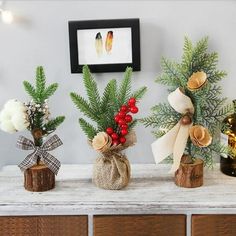 three vases with flowers and greenery are on a table in front of a christmas tree