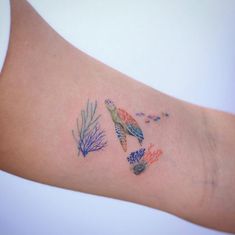 a tattoo with fish and corals on the side of a woman's arm