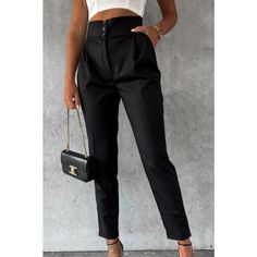 Black Button High Waist Tapered Pants | Fashionfitz Casual High Waist Dress Pants With Buttons, Business Casual Ankle-length Dress Pants With Button Closure, Trendy Business Casual Bottoms With Button Closure, Ankle-length Dress Pants With Buttons For Business Casual, Ankle-length Business Casual Dress Pants With Buttons, Ankle-length Business Casual Pants With Buttons, Casual Office Pants With Buttons, Office Straight Pants With Buttons, Casual Office Dress Pants With Buttons