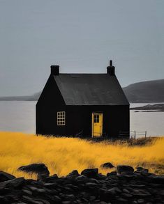 a black house sitting on top of a grass covered field next to a body of water