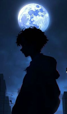 the silhouette of a person standing in front of a full moon and cityscape