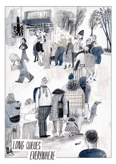 a drawing of people walking down the street