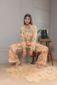 "Two piece Cotton top and pants , hippie two piece, pants and set, outfit summer set, boho dress set Drape this stylish and comfy hand block Co-ord Set linen pants set from Anuthhi's ROZANA collection. Product Description:- Two Piece Cotton top and Pant Made with 100% Cotton and have a beautiful texture Print. Full Sleeve Top and Orange shaded Palazzo with Amazing Print Work. Hippie in two Piece In orange Color with a Party wear look and Casual outfit for summer . model height is 5\"8 Approx and it is Available in all sizes From M to XXL Don't miss the Chance to Grab this amazing Piece of Work. SKU NO:-  There Might Be Slight Variation In The Actual Color Of The Product Due To Different Screen Resolutions ------------------------------------------------------------------------------------- Women Wedding Suit, Satin Sleeves, Sunny Vibes, Frock Fashion, Shirt Pant, Orange Shirt, Pant Suit, Frock Design, Button Top