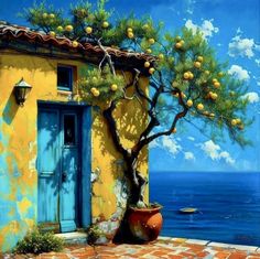 a painting of an orange tree in front of a yellow building with blue doors and windows