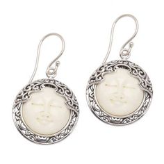 Closed eyes and a gentle smile speak of sweet and tranquil dreams. Yuniati in Bali designs these lovely earrings which feature hand carved discs of smooth white bone set in frames of sterling silver. The earrings swing from sterling silver hooks. Cow Bones, Moon Face, Closed Eyes, Silver Dangle Earrings, Sterling Silver Dangle Earrings, Sterling Silver Hoop Earrings, Lovely Earrings, Jewelry Online Shopping, Sterling Silver Hoops