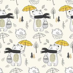 the bear is holding an umbrella while standing in front of trees and clouds on a white background