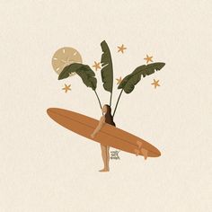 a person holding a surfboard with plants growing out of the bottom and stars on top