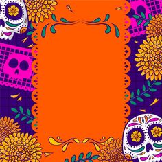 an orange frame with skulls and flowers on it