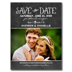 a chalkboard save the date card with an image of a man and woman on it