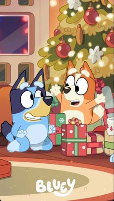 two cartoon characters are standing in front of a christmas tree with presents on the floor