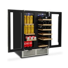 an open refrigerator filled with drinks and sodas