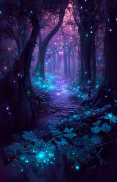 a forest filled with lots of trees covered in blue and green fireflys at night