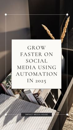 a wooden box filled with magazines next to a white sign that says grow faster on social media using automation in 205