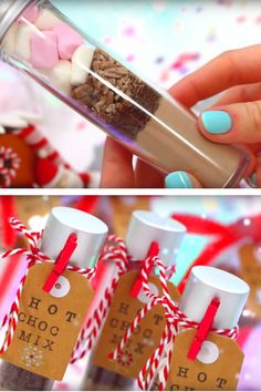 two pictures of hot chocolate mix in a bottle with candy canes on the top