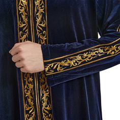 Our Luxury Velvet Embroidered Thobe is made from high-quality velvet, comes with a round collared neck, two pockets, long sleeves, and is extremely comfortable to wear. Perfect for special occasions. This thobe is available in sizes 52- 62. Thobes Men, Muslim Men, Arab Men, Muslim Outfits, Islamic Clothing, Gold Velvet, Mens Luxury, Mens Gold, Ethnic Fashion