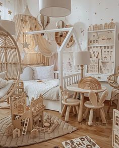 a child's room with wooden furniture and accessories