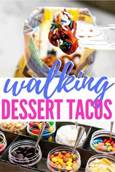 an assortment of desert tacos in plastic containers with the words, waffleking dessert tacos