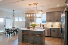 a kitchen with an island and stools in it