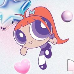 the powerpuff girls cartoon character is flying through the air with bubbles in front of her