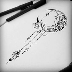 an ink drawing of a crescent moon and arrow