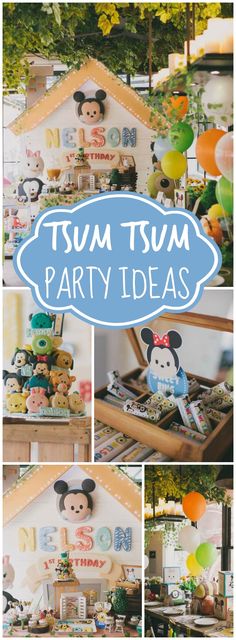 a collage of photos with the words tsum party ideas in blue and white