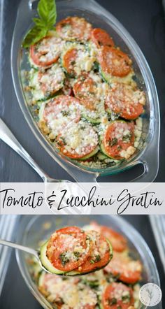 zucchini salad with tomatoes and spinach in a casserole dish on a serving platter