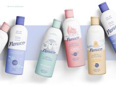 several bottles of baby care products lined up on a white and blue striped background with the words neuucor written below them