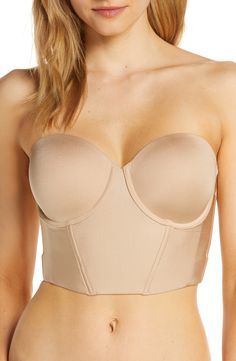 Create a flawless foundation with this smooth longline bra supported by hidden underwires, boning and molded cups. Transform it from strapless into a classic over-the-shoulder style, a halter, racerback or one-shoulder silhouette with the convertible straps. Removable, adjustable straps 76% nylon, 24% elastane Hand wash, dry flat Imported Lingerie Elegant Push-up Corset With Built-in Bra, Underwire Tube Top With Built-in Bra For Night Out, Strapless Sculpting Shapewear With Medium Bust Support, Strapless Fitted Bra With Removable Straps, Fitted Strapless Bra With Removable Straps, Strapless Shapewear With Built-in Bra, Strapless Fitted Bra With Medium Bust Support, Strapless Bra With Medium Bust Support, Fitted Strapless Tube Top With Medium Bust Support