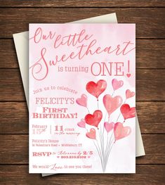 a pink and red heart shaped birthday card with the words sweetest is turning one