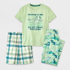 Boys' 3pc Short Sleeve Pajama Set - Cat & Jack™ Green S Cotton Graphic Print Sleepover Sets, Cotton Graphic Print Sets For Sleepover, Cotton Sets With Graphic Print For Sleepovers, Green Cotton Sleepover Sets, Multicolor Short Sleeve Sleep Sets, Green Cotton Sleepwear With Graphic Print, Playful Green Sets For Sleepovers, Playful Green Sets For Sleepover, Cute Green Short Sleeve Sleepwear