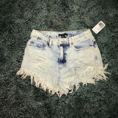 Bleached Denim Shorts. Super Cute For The Upcoming Warm Weather! Never Worn. Trendy Bleached Jeans For Summer, Spring Bleached Cutoff Bottoms, Trendy Light Wash Bleached Bottoms, Trendy Bleached Cutoff Bottoms, Bleached Cutoff Bottoms, Forever 21 Light Wash Casual Jean Shorts, Forever 21 Light Wash High Rise Bottoms, Forever 21 High Rise Light Wash Bottoms, Trendy Light Wash Bottoms From Forever 21