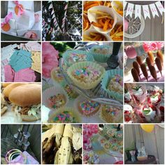 there are many different pictures of food and desserts on this table, including cupcakes