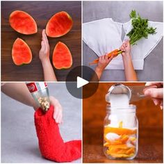 four different pictures showing how to cut watermelon into pieces and put them in jars