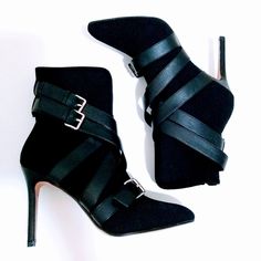 Take Your Look To The Next Level With These Pointed Toe Stiletto Booties/Ankle Boots By Catherine Malandrino. Fabric And Faux Leather Material, Strappy Accents, Stiletto Heel, Side Buckles Closure, Padded Footbed, 4" Heel, 0.5" Platform. Size 7.5 (7 1/2) Perfect For The Spring, Fall, And Winter, They Are So Stylish And Ideal For Any Occasion And Attire. Brand New Without Box, No Flaws, A Small Mark On The Sole From Trying Them On. Please Refer To The Pictures. From Smoke And Pet-Free Home. Clean Fall Heels With Wrapped Heel For Night Out, Wrapped Heel Shoes For Night Out In Fall, Wrapped Heel Heels For Night Out In Fall, Fall Night Out Heels With Wrapped Heel, Chic Ankle Strap Heeled Boots With 4-inch Heel, Chic Heeled Boots With Ankle Strap And 4-inch Heel, Chic Heels With Buckle Closure For Fall, Chic Fitted Boots For Date Night, Chic Pointed Toe Heeled Boots With Buckle