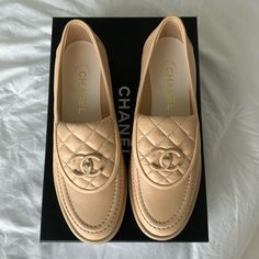 Bnib Never Worn. Will Come With Box And Dust Bags. Also Listed On E Bay For Less Designer Beige Slip-on Loafers, Luxury Beige Loafers For Work, Luxury Beige Loafers For Office, Luxury Flat Loafers, Chanel Slingback Flats, Tan Loafer, Chanel Ballerina Flats, Chanel Loafers, Metallic Ballet Flats