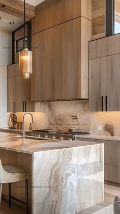 a kitchen with marble counter tops and wooden cabinets, along with two bar stools