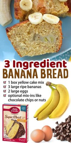 an advertisement for banana bread with chocolate chips and bananas on the side in front of it