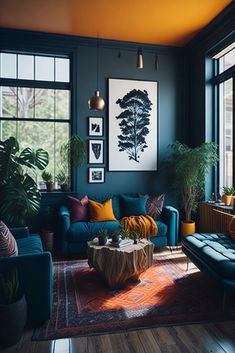 a living room with blue couches and potted plants on the table in front of large windows