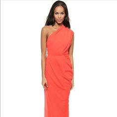 Long One Shoulder Drape Gauze Dress. Color “Vermilion”(Coral/Red). Red Pre-draped Maxi Dress, Red Pre-draped Maxi Dress For Party, Elegant Red Pre-draped Maxi Dress, Red Fitted Draped Maxi Dress, Summer Evening Dress For Red Carpet, Red Pre-draped Draped Dress, Red Draped Dress For Red Carpet, Red Pre-draped Dress For Gala, Orange Draped Party Dress