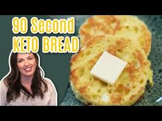 a woman standing in front of a plate with food on it and the words 90 second keto bread