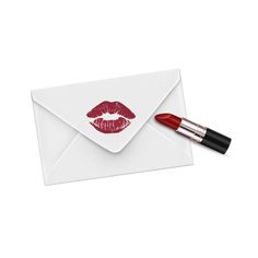 an envelope with red lipstick on it and a pen sticking out of the envelope, isolated on a white background