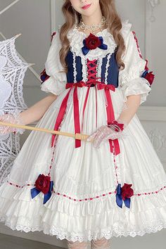 SKU: LIN00517 Fabric: Polyester Style types: Sweet Lolita Season: Spring, Summer, Autumn, Winter Notice: Blouse is included. Dress Size Chart(IN) Dress Size(IN) Bust Hem Width Length S 31.89-37.80 96.85 36.61 M 33.46-39.37 98.43 37.40 L 35.04-40.94 100.00 38.19 Blouse Size Chart(IN) Blouse Size(IN) Bust Shoulder Width Sleeve Length Length S 35.43 14.57 9.45 20.47 M 37.01 14.96 9.84 20.87 L 38.58 15.35 10.24 21.26 White Short Sleeve Harajuku Dress, White Harajuku Short Sleeve Dress, Cottagecore Ruffle Dresses For Tea Party, White Harajuku Style Short Sleeve Dress, Summer Doll Collar Dress For Costume Party, Doll Collar Dress For Summer Costume Party, White Ruffled Dress For Costume Party, Sweet Summer Dresses For Costume Party, Summer Costume Party Dress With Doll Collar