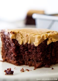 a piece of chocolate cake with peanut butter frosting