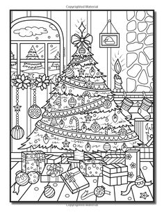 a christmas tree with presents on it in the window sill coloring page for adults