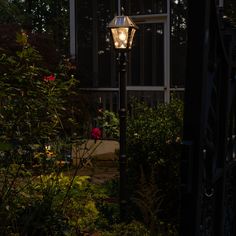 a lamp post in front of a house with flowers and bushes around it at night